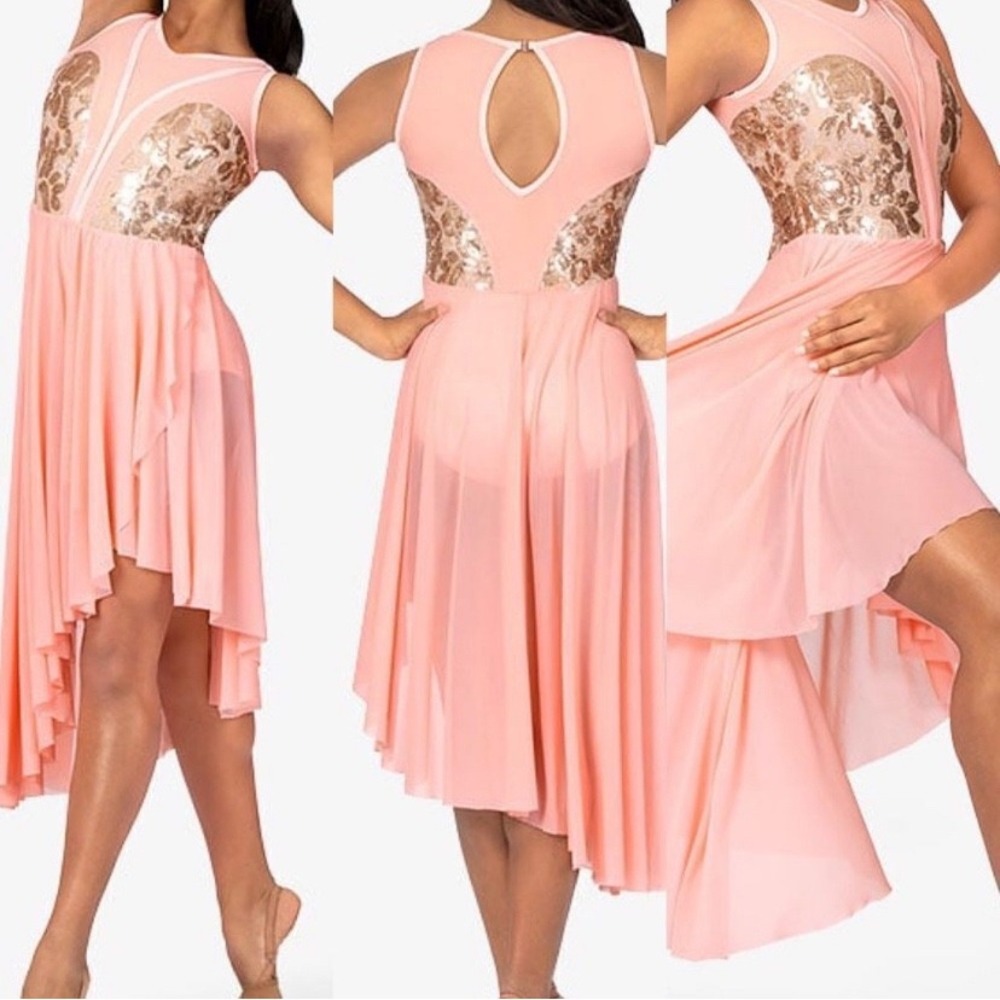 Elisse Adult XS Pink Gold Sequin Lyrical Dance Costume Asymmetrical Mesh Skirt
